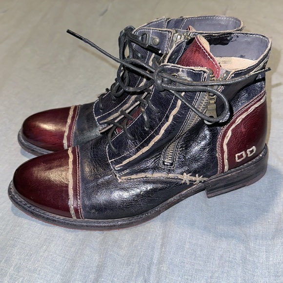 Bed Stu Bonnie Women Ankle Boots Blue Maroon Leather Stitching Zipper Laces 9 - Picture 4 of 16